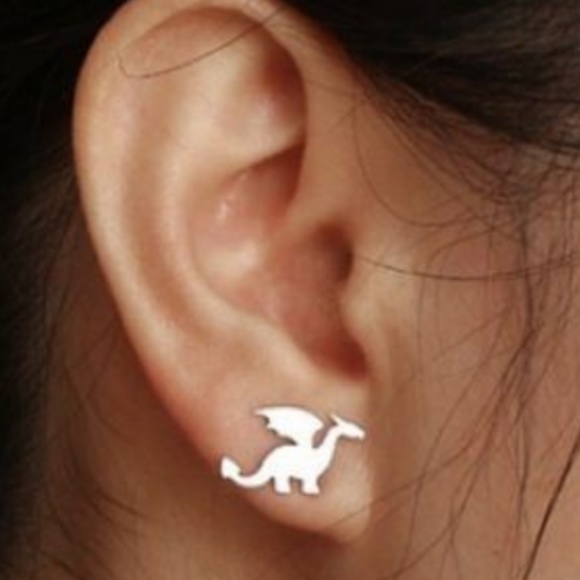 Silver Tone Dragon Stud Earrings - Picture 4 of 6